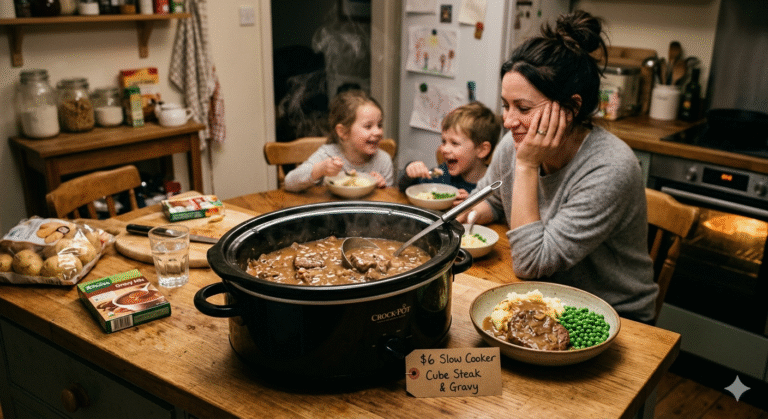 $6 Slow Cooker Cube Steak & Gravy – The Ultimate “Dump & Go” Dinner for Busy Moms 😴👩‍👧‍👦