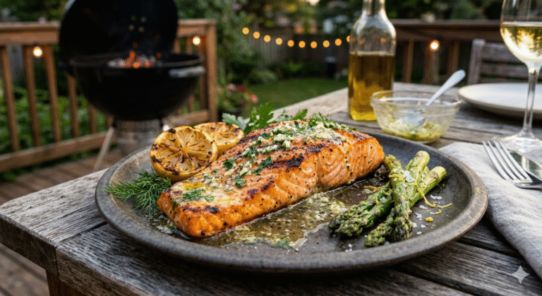 Grilled Salmon with Garlic Herb Butter 🐟🔥 – Easy BBQ Recipe for Weeknight Dinners